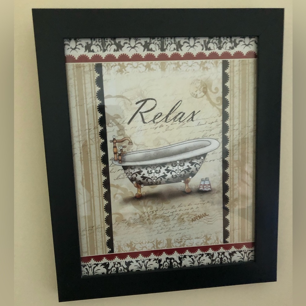 Framed Relax Bathtub Wall Art - Black& Cream 9 1/2”x12”x1” depth, sparkle on tub